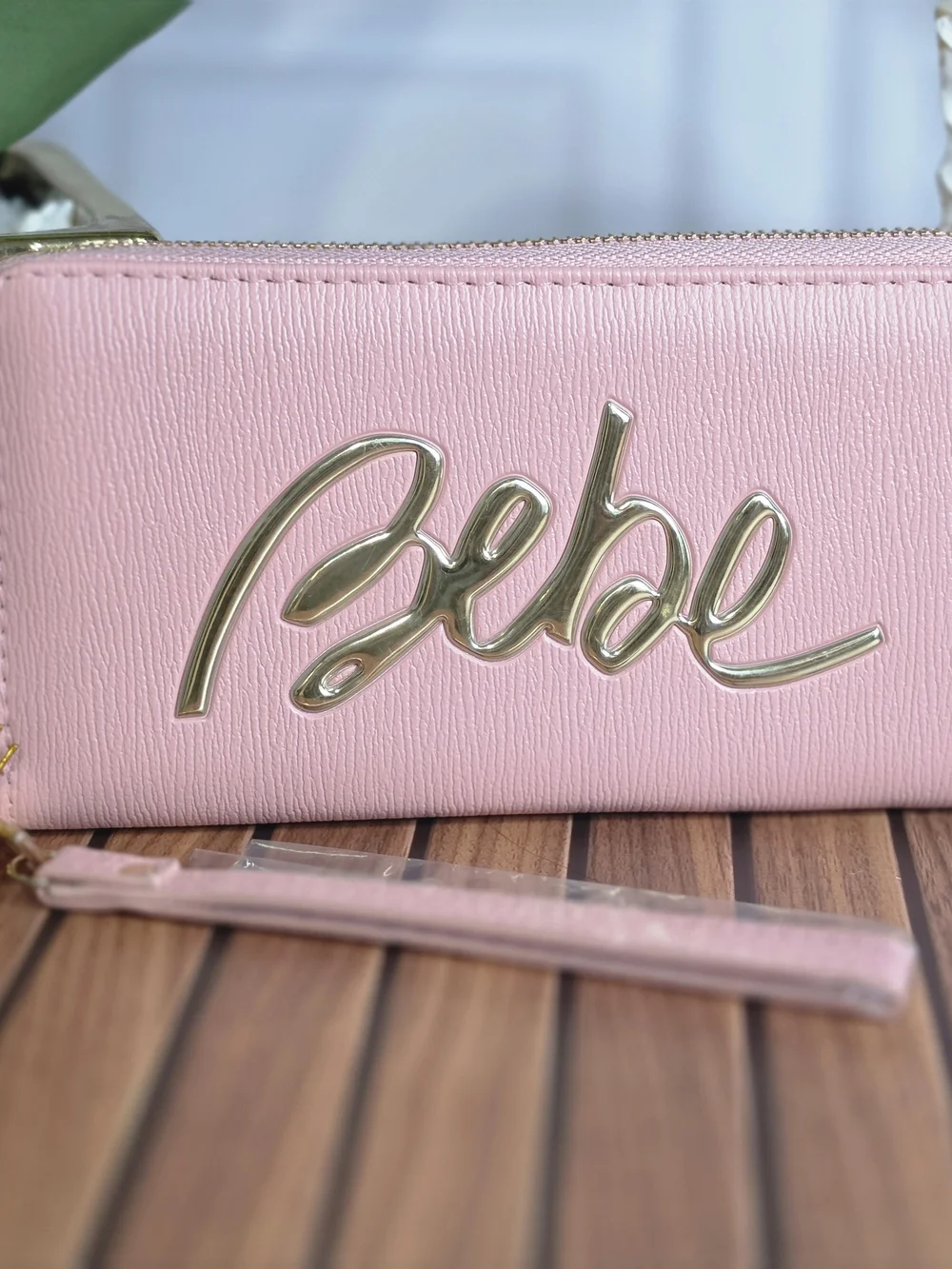 NWT Bebe Gianna Blush Pink Wristlet Wallet Zip Around Gold Logo